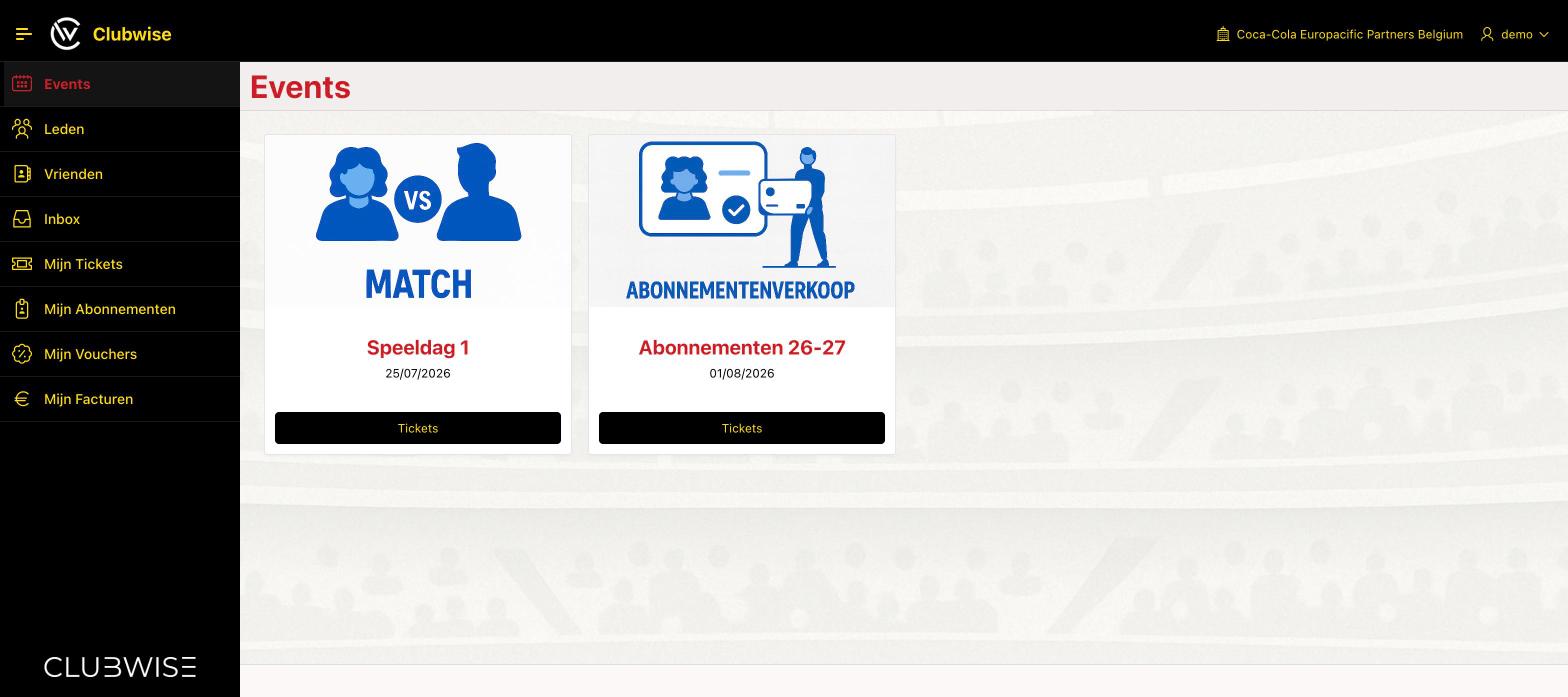 De Club App: overzicht van events, met een knop “Tickets” per event.