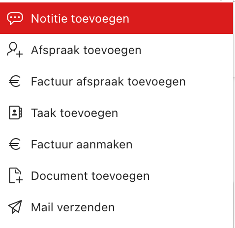 Het ⋮-menu van een deal: Notitie, Afspraak, Factuur afspraak, Taak, Factuur aanmaken, Document en Mail.