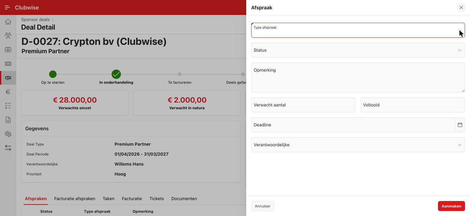 Afspraak toevoegen: type, status, opmerking, verwacht aantal en deadline.