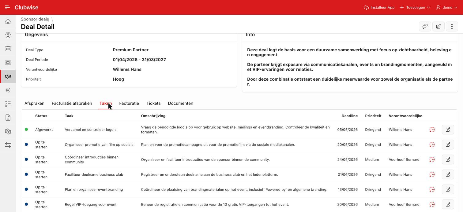 Taken gekoppeld aan een deal, met status, deadline en verantwoordelijke.