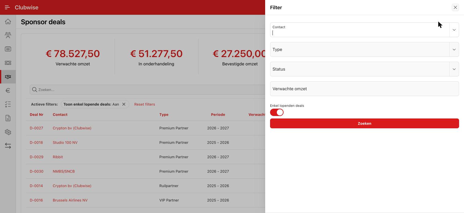 Filterpaneel op het dealoverzicht: contact, type, status, verwachte omzet en “enkel lopende deals”.