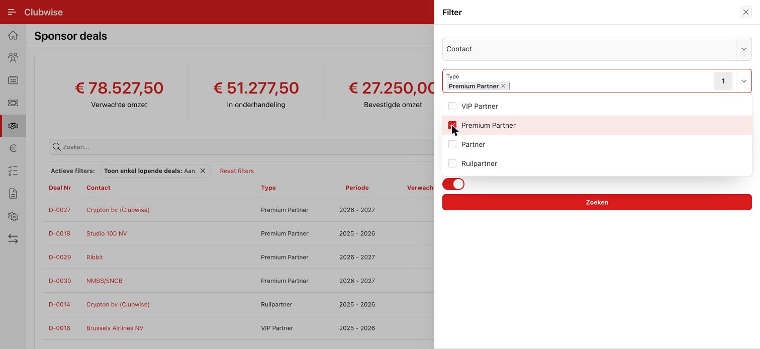 Meerdere waarden tegelijk selecteren binnen één filterveld.