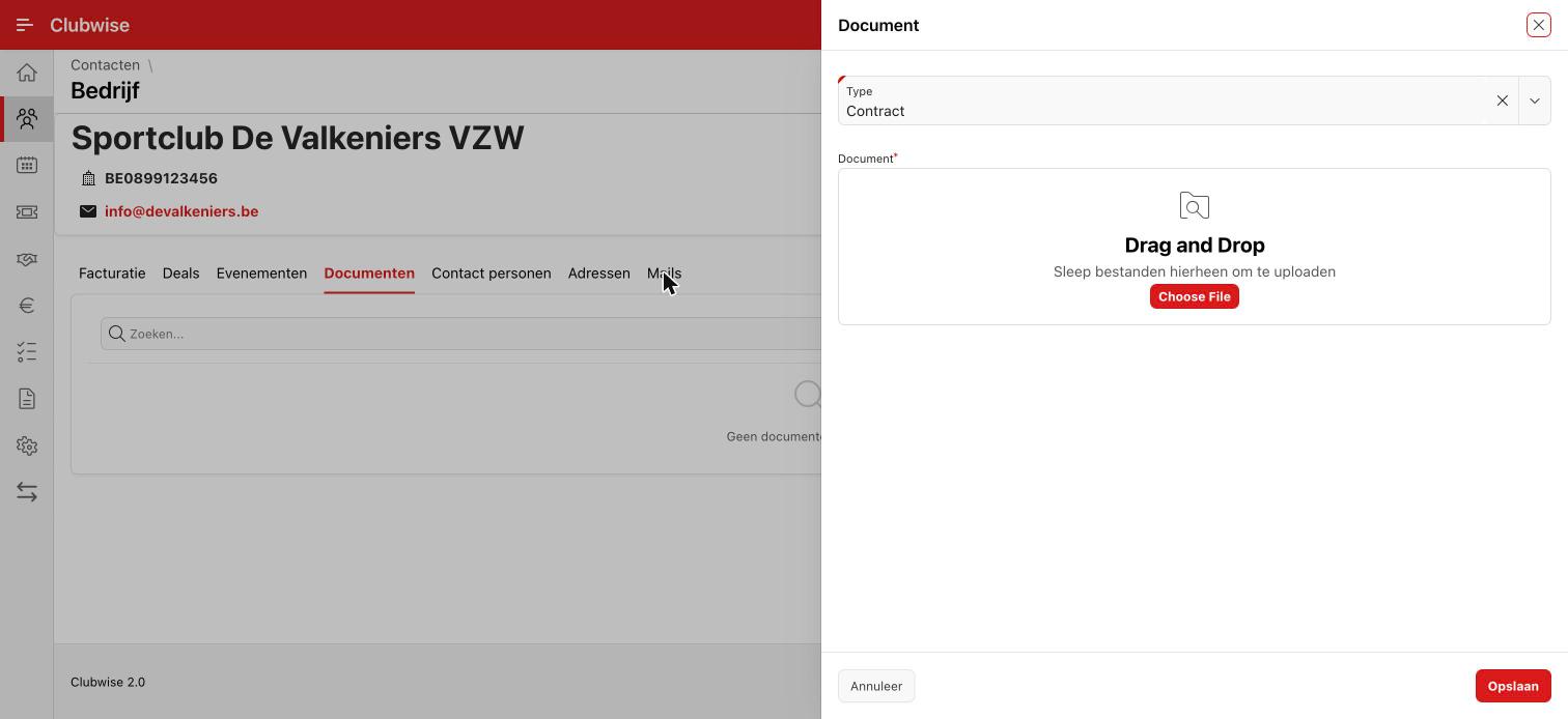 Document toevoegen: type kiezen en bestand uploaden via drag-and-drop of bestandskiezer.