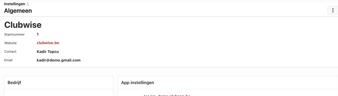 Algemene instellingen: organisatiegegevens, app-huisstijl en adressen.