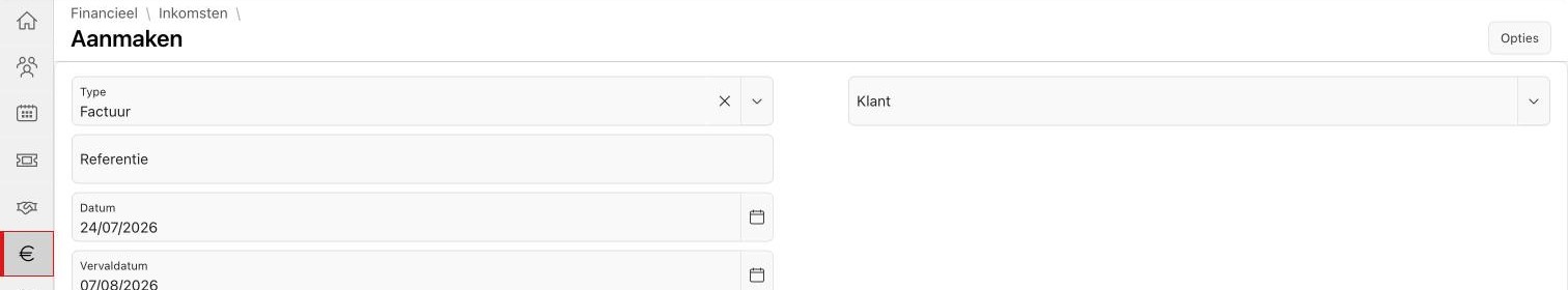 Factuur aanmaken via de knop “Toevoegen”: klant en factuurlijnen zijn nog leeg.