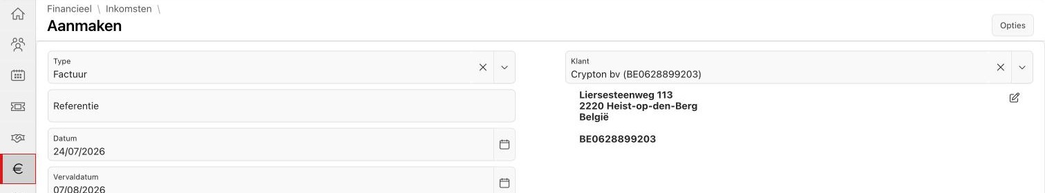 Factuur aanmaken via een contact: klant en adres zijn automatisch overgenomen.