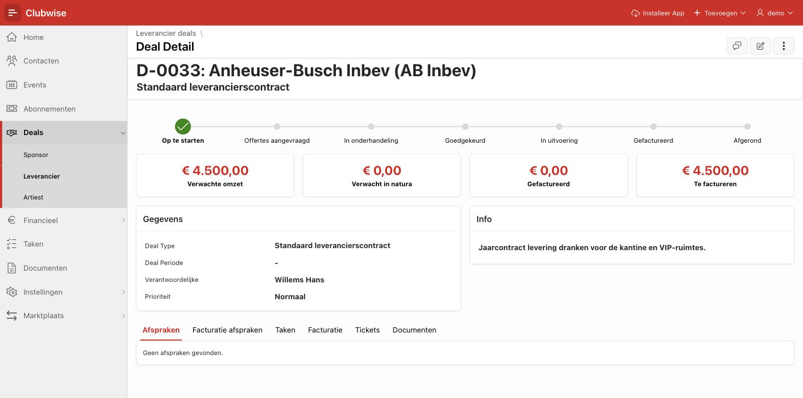 Een leveranciersdeal met zijn eigen dealflow: van “op te starten” tot “afgerond”, via offertes en goedkeuring.
